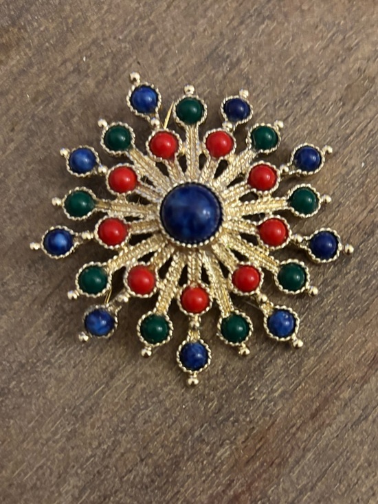 Sarah Coventry Jewelry - Sarah Coventry Gold-Tone Sunburst Brooch with Blue, Red & Green Cabochons